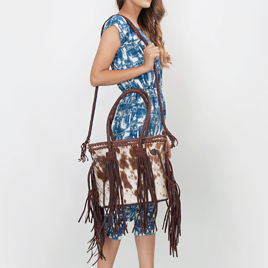 American Darling Tote Bag, Genuine Hair-On Cowhide & Leather with Fringes, Braided Handles Crossbody, 11in (H) X 12in (W)