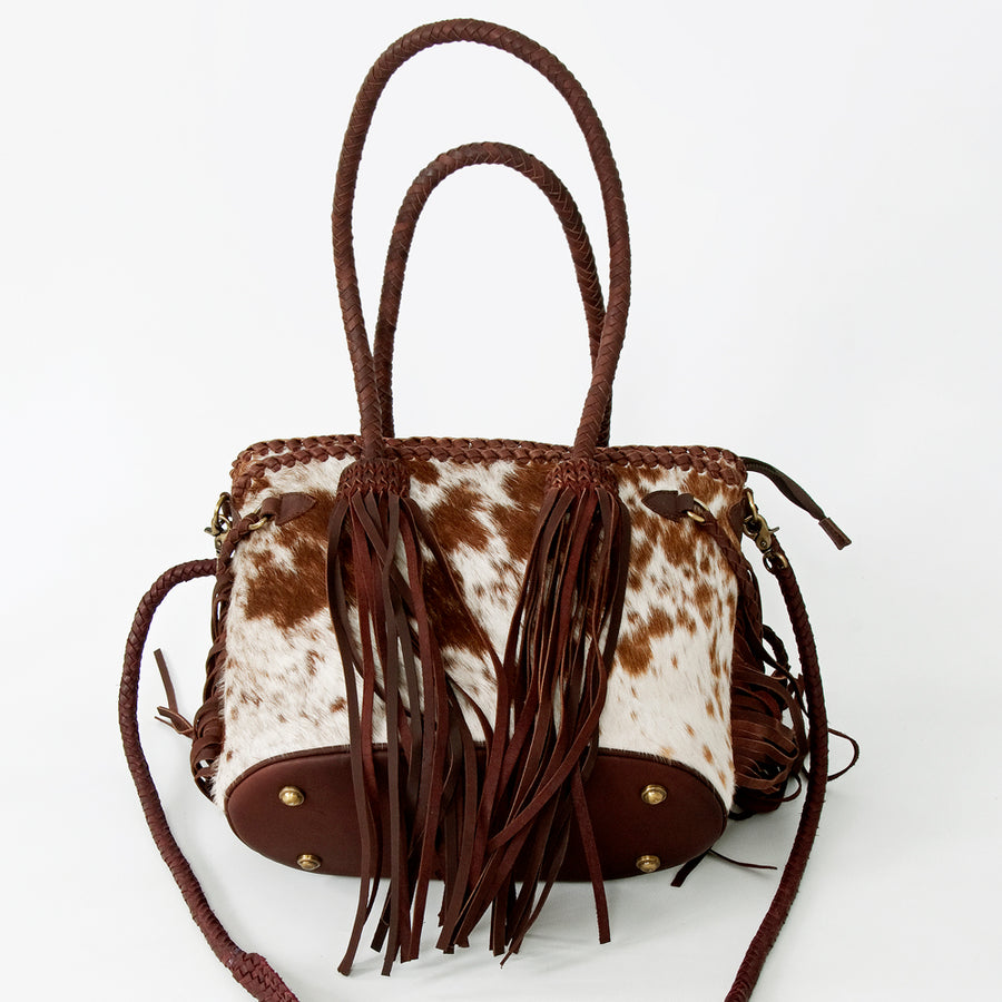 American Darling Tote Bag, Genuine Hair-On Cowhide & Leather with Fringes, Braided Handles Crossbody, 11in (H) X 12in (W)