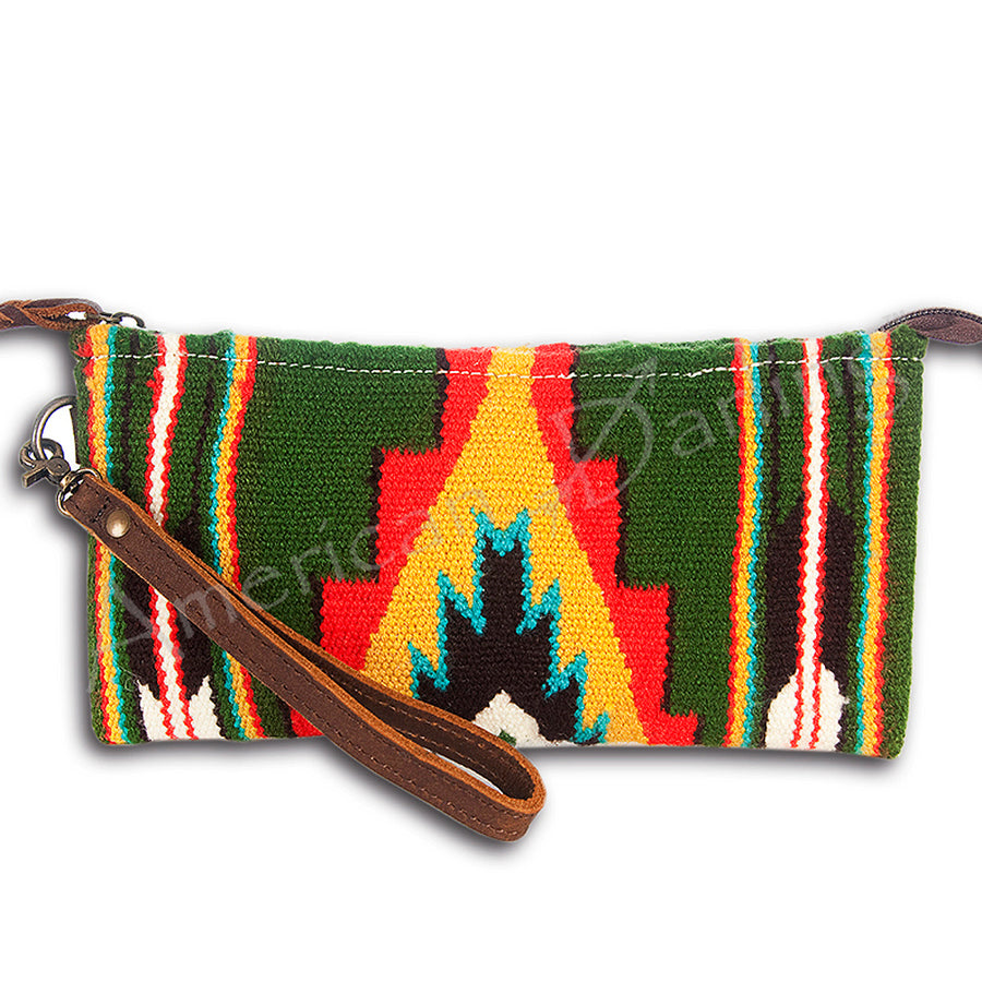 American Darling Western Leather Wristlet Bag with Hand Woven Saddle Blanket and Tooled Accents - Uhorse