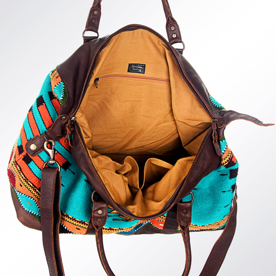 American Darling Duffel Bag Handcrafted from Hand Woven Saddle Blanket and Genuine Leather with YKK Zipper and Large Capacity