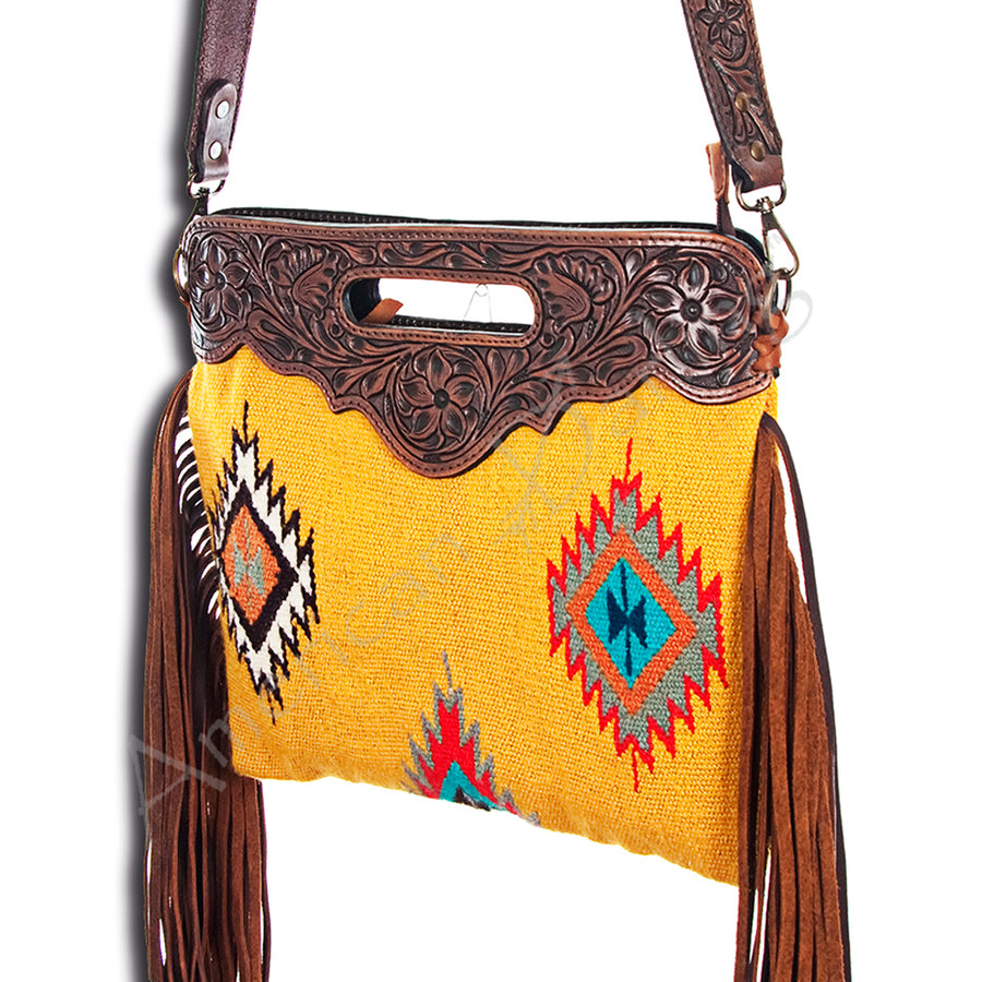 American Darling Western Clutch Bag Hand Tooled Floral Carved Hand Woven Saddle Blanket Leather Crossbody with Fringes