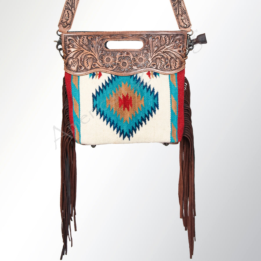 American Darling Western Clutch Bag Hand Tooled Floral Carved Hand Woven Saddle Blanket Leather Crossbody with Fringes