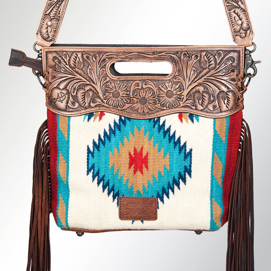 American Darling Western Clutch Bag Hand Tooled Floral Carved Hand Woven Saddle Blanket Leather Crossbody with Fringes