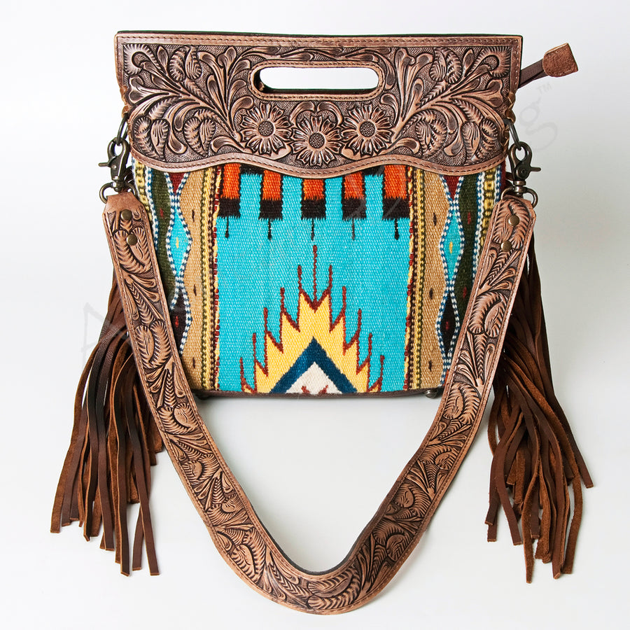 American Darling Western Clutch Bag Hand Tooled Floral Carved Hand Woven Saddle Blanket Leather Crossbody with Fringes