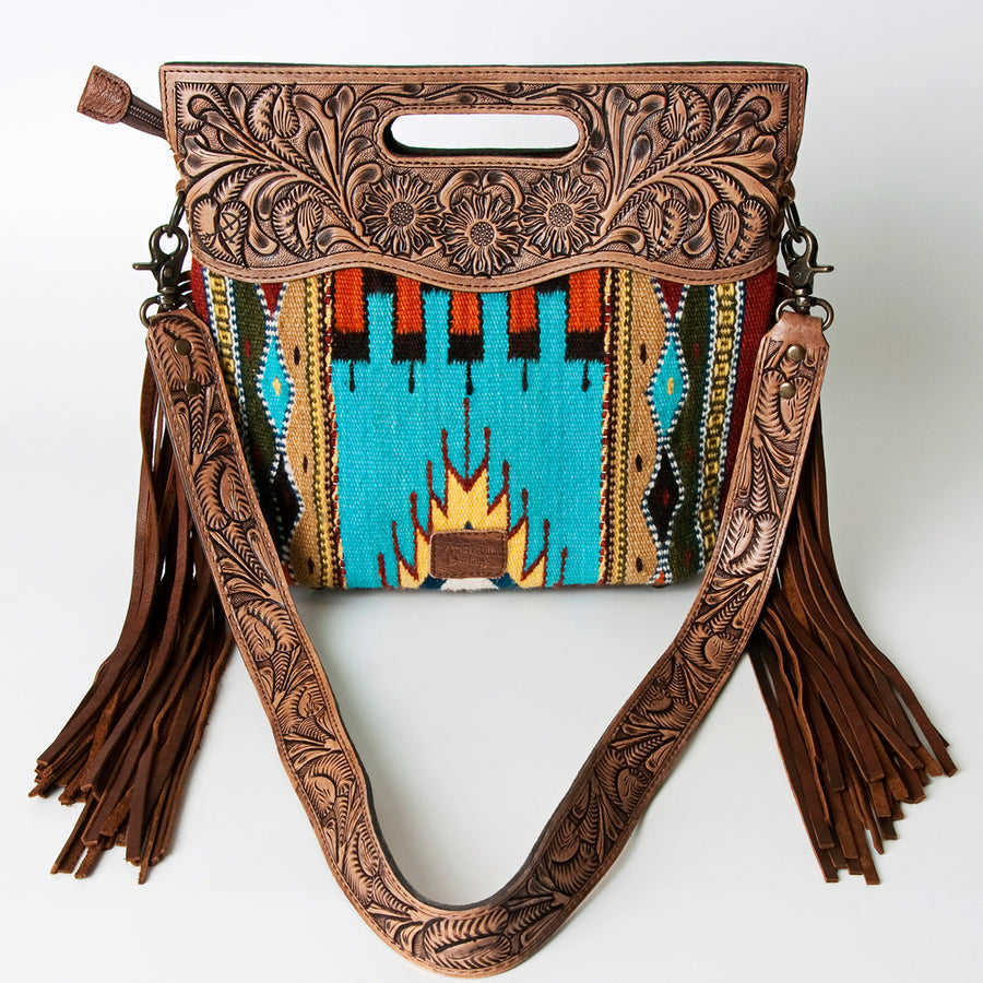 American Darling Western Clutch Bag Hand Tooled Floral Carved Hand Woven Saddle Blanket Leather Crossbody with Fringes
