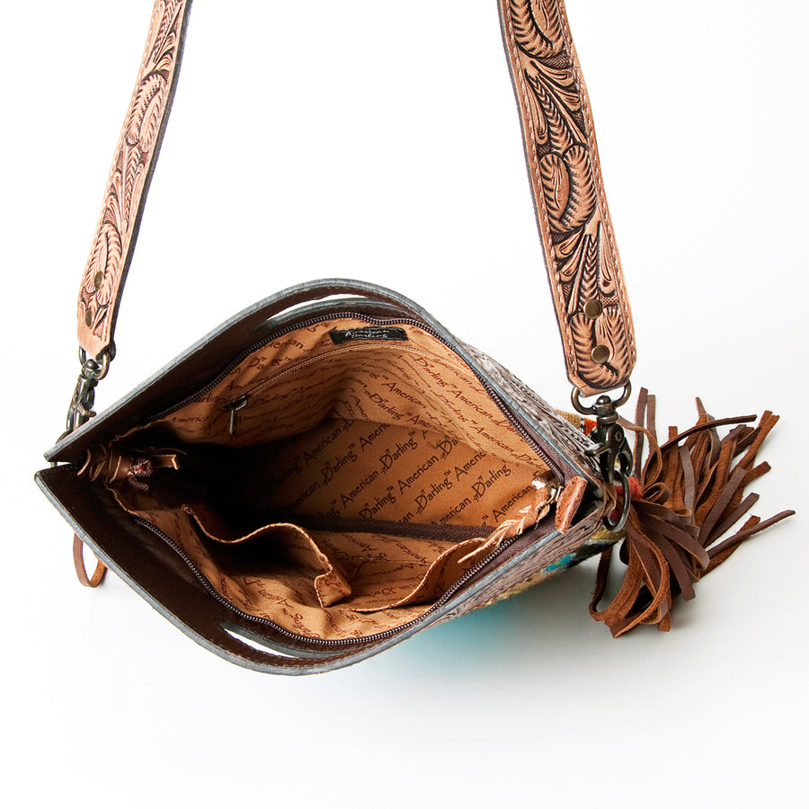 American Darling Western Clutch Bag Hand Tooled Floral Carved Hand Woven Saddle Blanket Leather Crossbody with Fringes