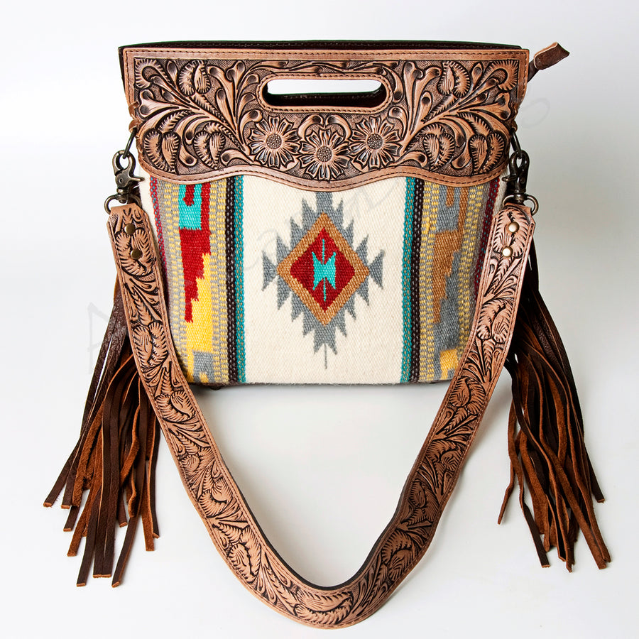 American Darling Western Clutch Bag Hand Tooled Floral Carved Hand Woven Saddle Blanket Leather Crossbody with Fringes