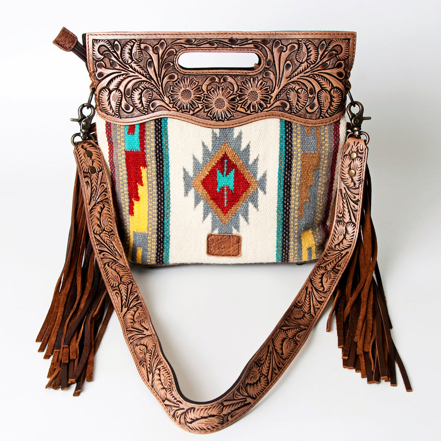 American Darling Western Clutch Bag Hand Tooled Floral Carved Hand Woven Saddle Blanket Leather Crossbody with Fringes