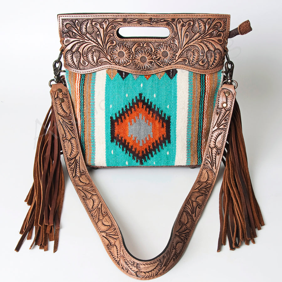 American Darling Western Clutch Bag Hand Tooled Floral Carved Hand Woven Saddle Blanket Leather Crossbody with Fringes