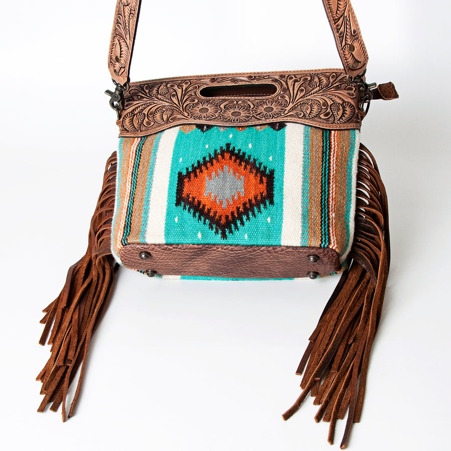 American Darling Western Clutch Bag Hand Tooled Floral Carved Hand Woven Saddle Blanket Leather Crossbody with Fringes