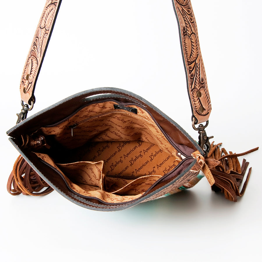 American Darling Western Clutch Bag Hand Tooled Floral Carved Hand Woven Saddle Blanket Leather Crossbody with Fringes