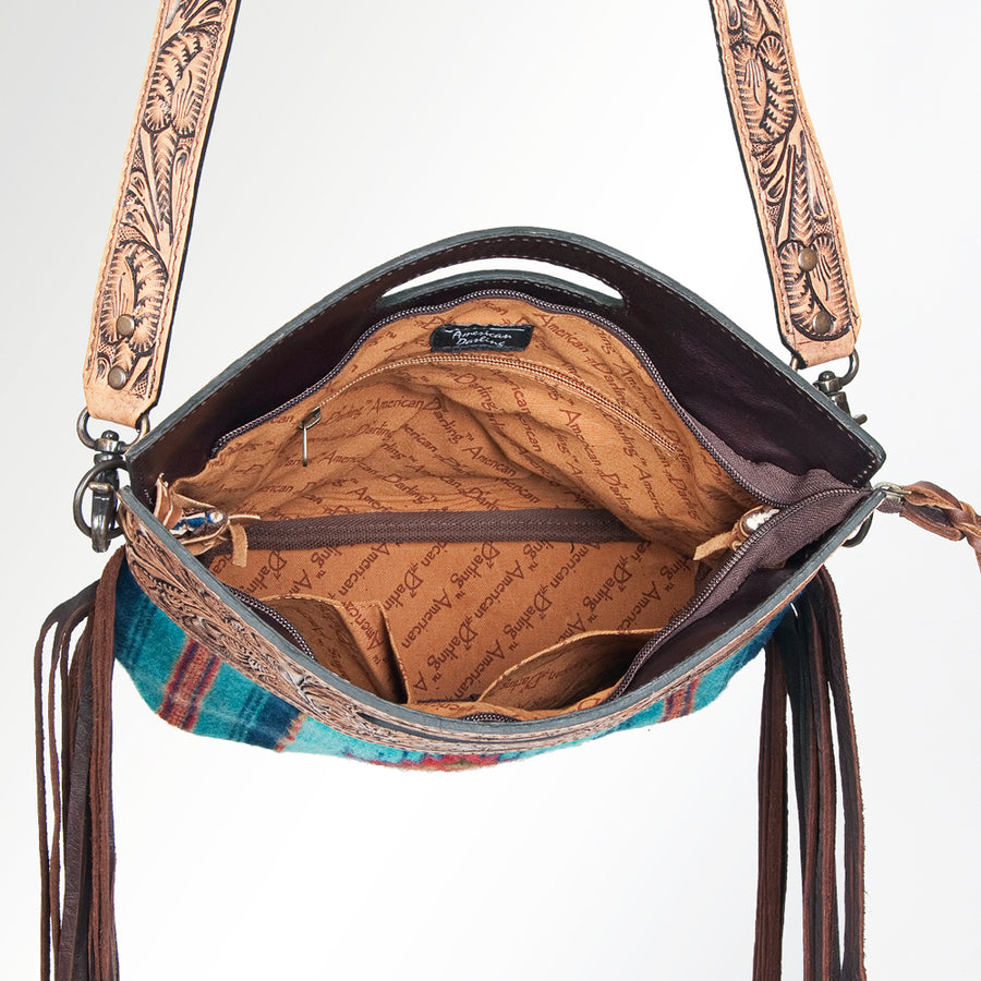 American Darling Western Clutch Bag Hand Tooled Floral Carved Hand Woven Saddle Blanket Leather Crossbody with Fringes