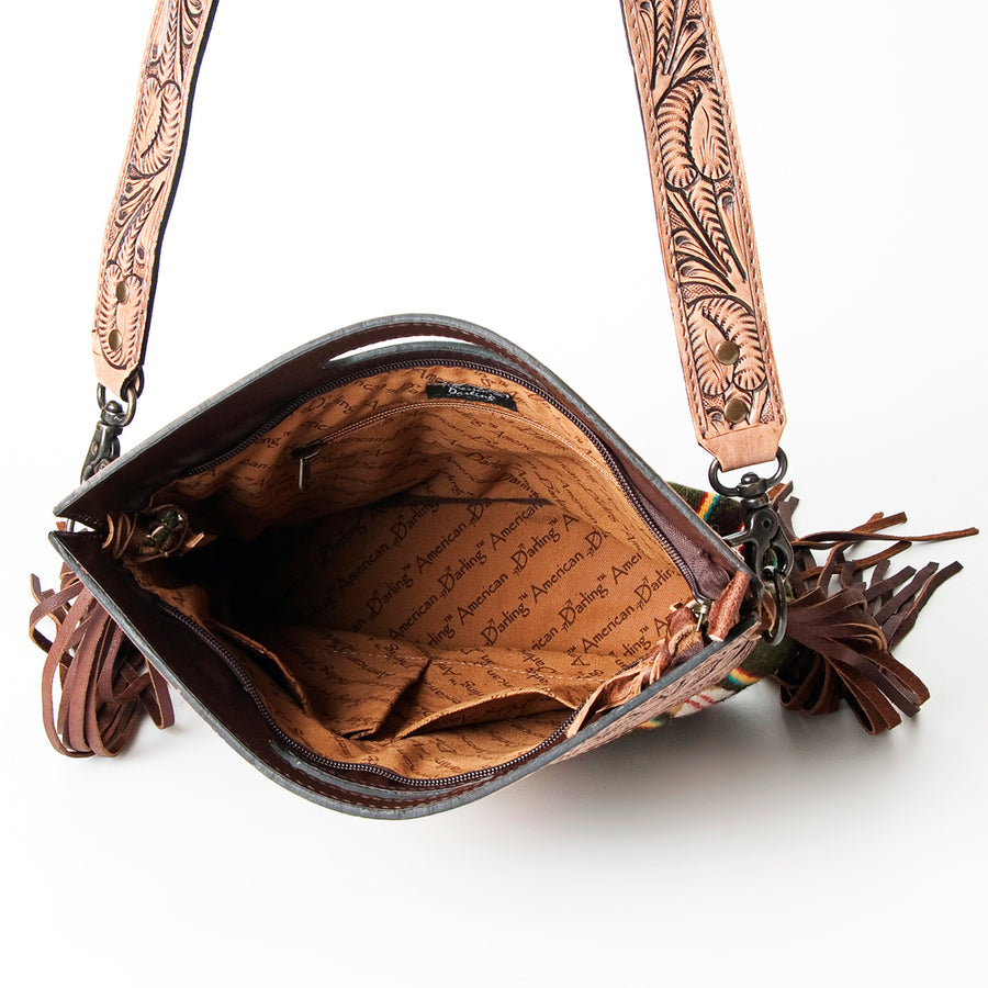 American Darling Western Clutch Bag Hand Tooled Floral Carved Hand Woven Saddle Blanket Leather Crossbody with Fringes