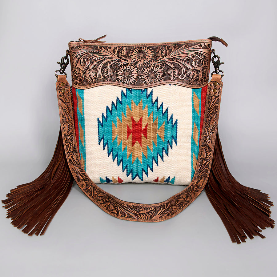 American Darling Signature Cross Body Bag Hand Tooled Floral Carved Leather Woven Saddle Blanket Fringes Genuine Leather