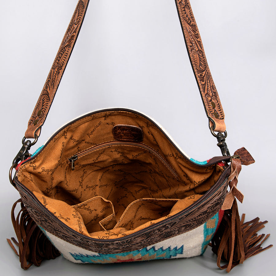 American Darling Signature Cross Body Bag Hand Tooled Floral Carved Leather Woven Saddle Blanket Fringes Genuine Leather