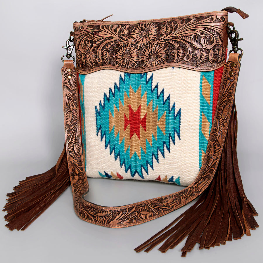 American Darling Signature Cross Body Bag - Hand Tooled Floral Leather and Woven Saddle Blanket - Uhorse