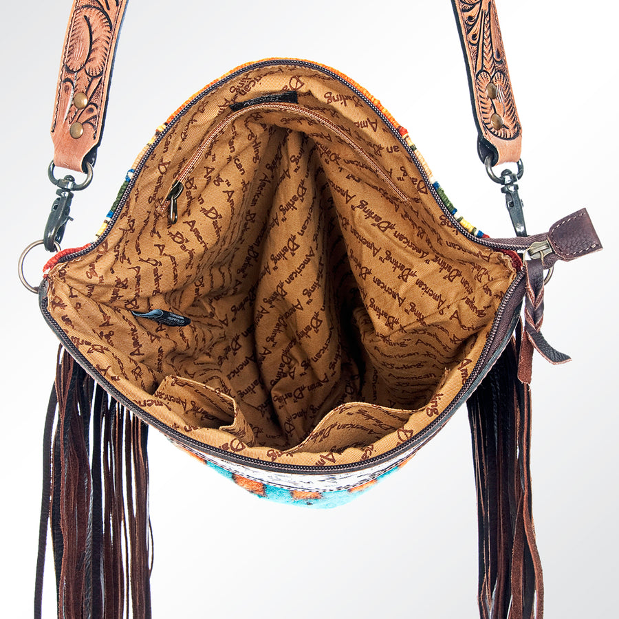 American Darling Signature Cross Body Bag Hand Tooled Floral Carved Leather Woven Saddle Blanket Fringes Genuine Leather