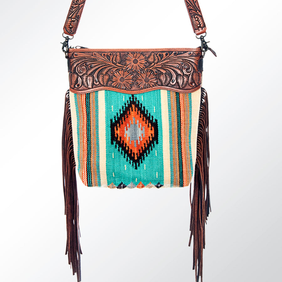 American Darling Signature Cross Body Bag Hand Tooled Floral Carved Leather Woven Saddle Blanket Fringes Genuine Leather