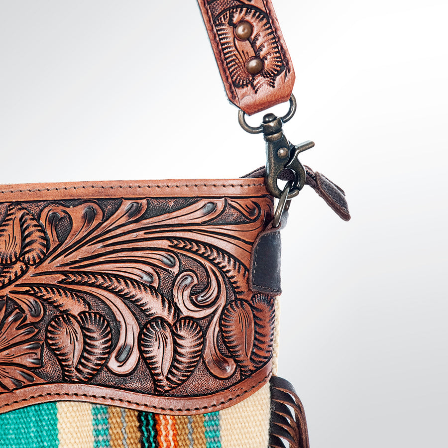 American Darling Signature Cross Body Bag Hand Tooled Floral Carved Leather Woven Saddle Blanket Fringes Genuine Leather