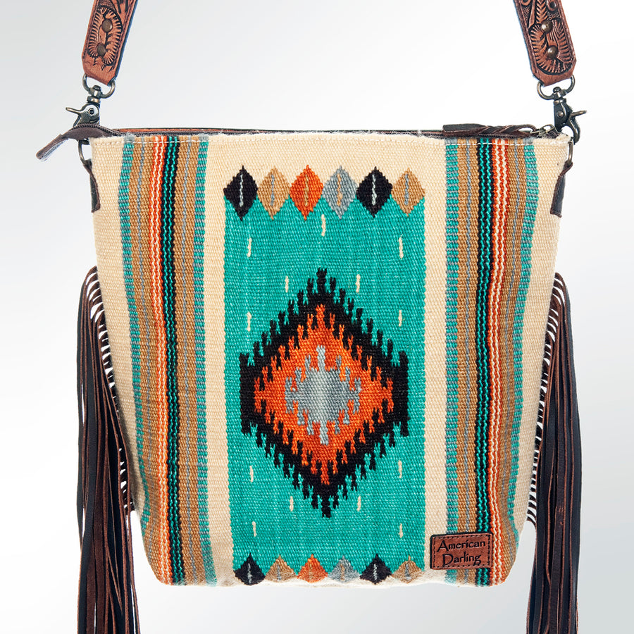 American Darling Signature Cross Body Bag Hand Tooled Floral Carved Leather Woven Saddle Blanket Fringes Genuine Leather