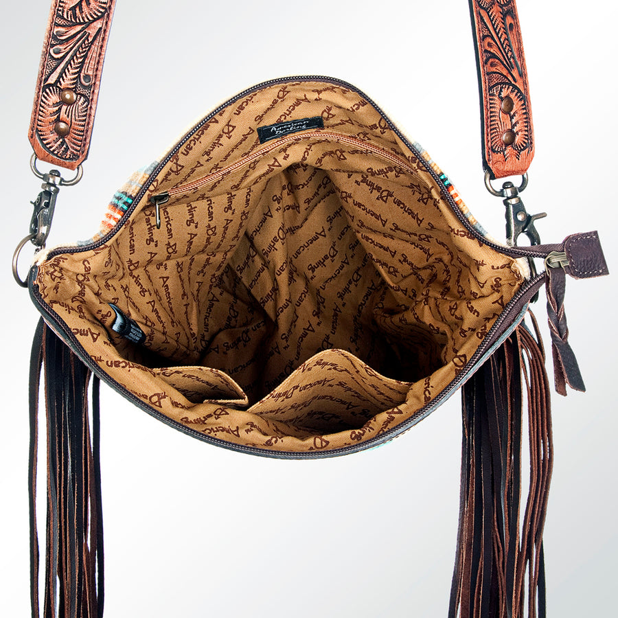 American Darling Signature Cross Body Bag Hand Tooled Floral Carved Leather Woven Saddle Blanket Fringes Genuine Leather