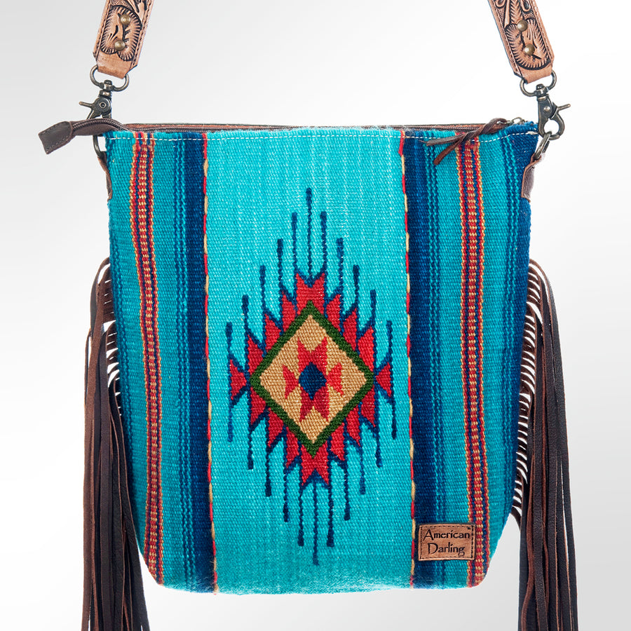 American Darling Signature Cross Body Bag Hand Tooled Floral Carved Leather Woven Saddle Blanket Fringes Genuine Leather