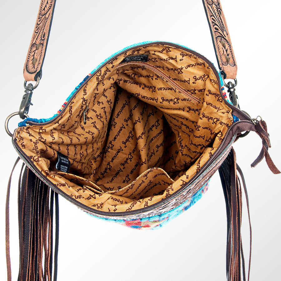 American Darling Signature Cross Body Bag Hand Tooled Floral Carved Leather Woven Saddle Blanket Fringes Genuine Leather