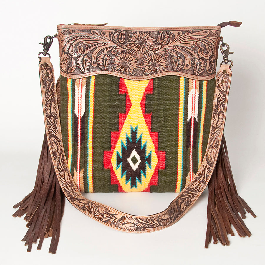 American Darling Signature Cross Body Bag Hand Tooled Floral Carved Leather Woven Saddle Blanket Fringes Genuine Leather
