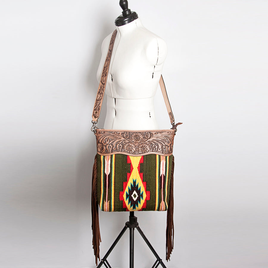 American Darling Signature Cross Body Bag Hand Tooled Floral Carved Leather Woven Saddle Blanket Fringes Genuine Leather