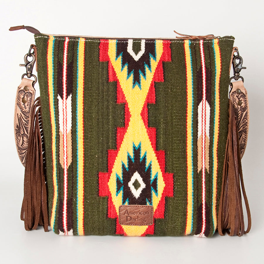American Darling Signature Cross Body Bag Hand Tooled Floral Carved Leather Woven Saddle Blanket Fringes Genuine Leather