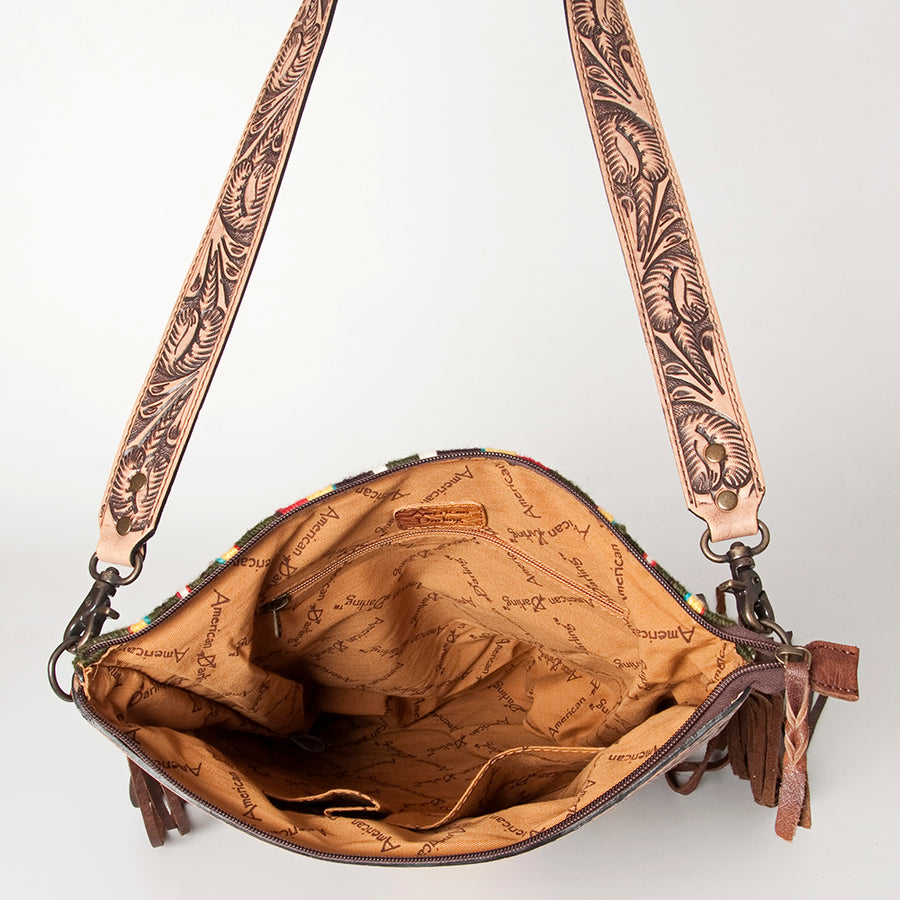 American Darling Signature Cross Body Bag Hand Tooled Floral Carved Leather Woven Saddle Blanket Fringes Genuine Leather