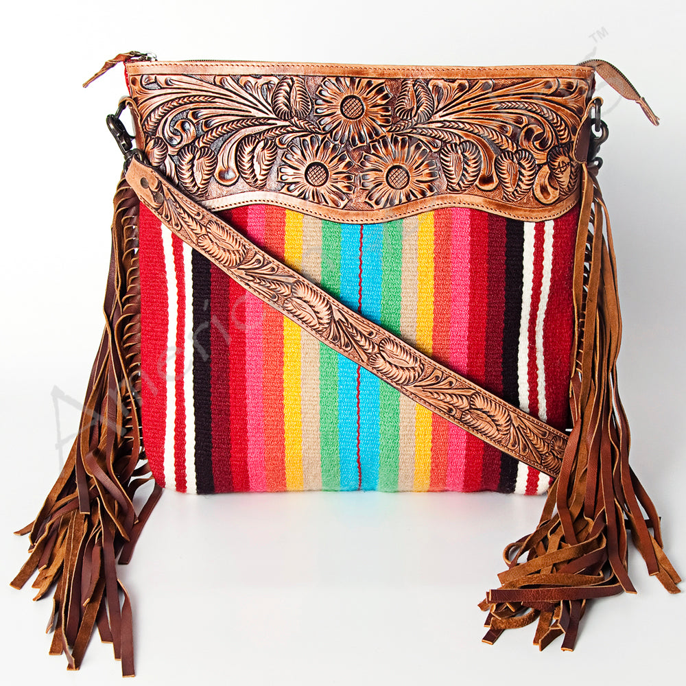 American Darling Signature CrossBody Hand Tooled Saddle Blanket Fabric Genuine Leather Western Women Bag Handbag Purse Cute