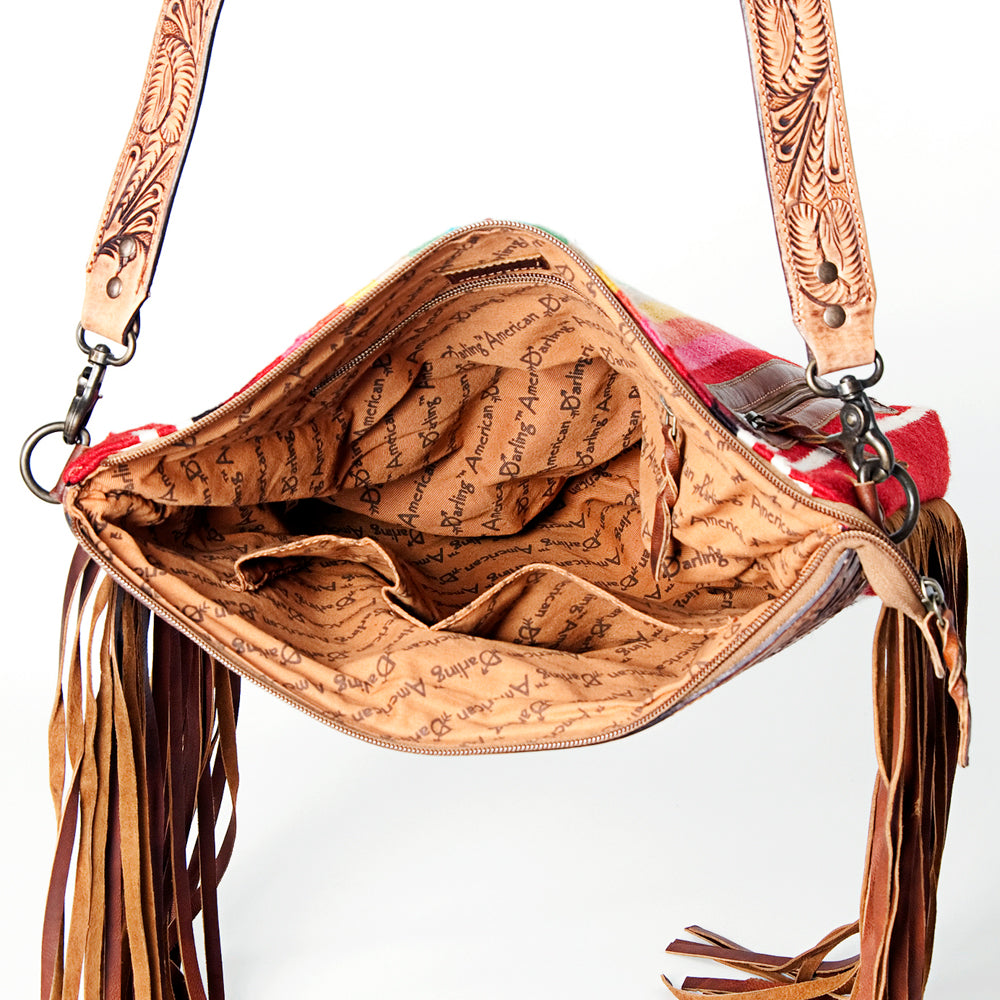 American Darling Signature CrossBody Hand Tooled Saddle Blanket Fabric Genuine Leather Western Women Bag Handbag Purse Cute