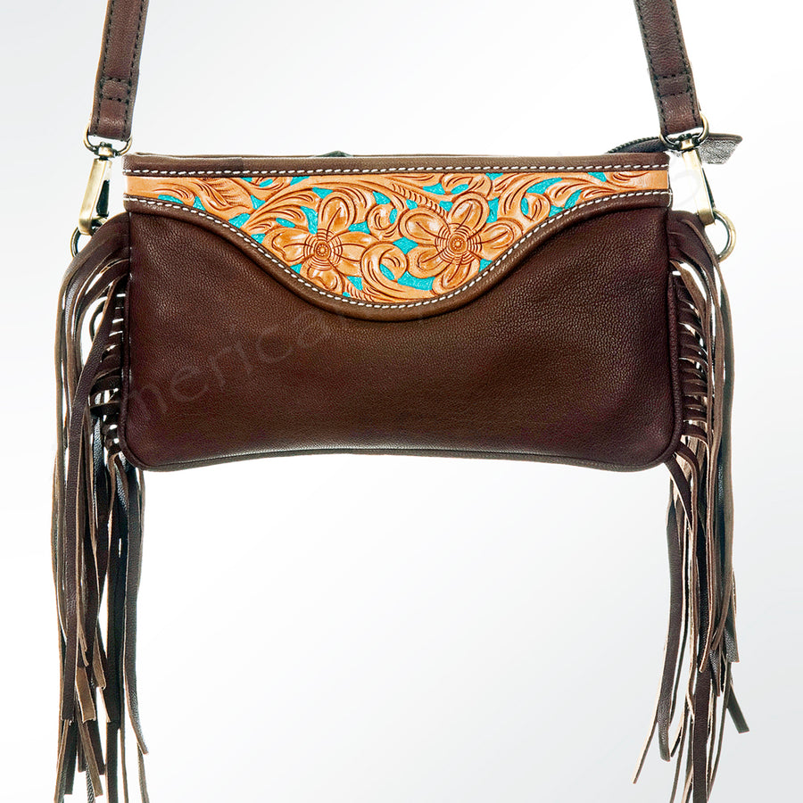 American Darling Small Cross body Bag Hand Tooled Floral Carved Fringes Genuine Vegetable Tanned Leather 5in x 8in