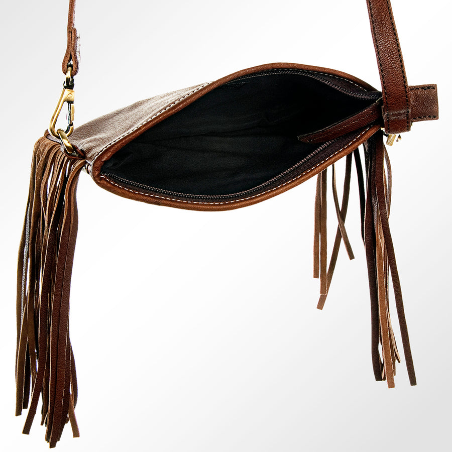 American Darling Small Cross body Bag Hand Tooled Floral Carved Fringes Genuine Vegetable Tanned Leather 5in x 8in