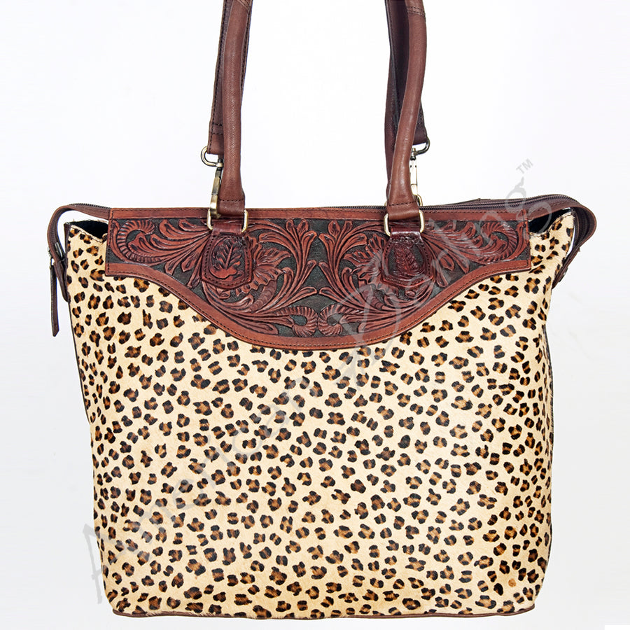 American Darling Tote Bag Hand Tooled Floral Carved Hair-On Cowhide Genuine Vegetable Tanned Leather 14in X 14in X 6in