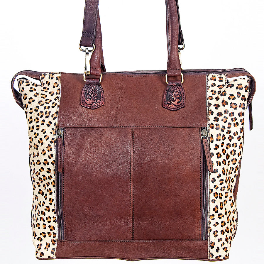American Darling Tote Bag Hand Tooled Floral Carved Hair-On Cowhide Genuine Vegetable Tanned Leather 14in X 14in X 6in