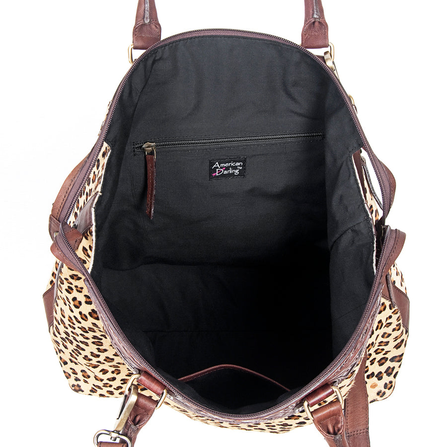 American Darling Tote Bag Hand Tooled Floral Carved Hair-On Cowhide Genuine Vegetable Tanned Leather 14in X 14in X 6in