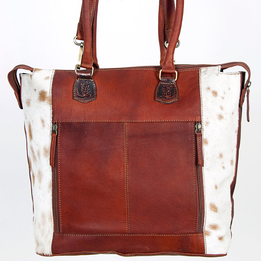 American Darling Tote Bag Hand Tooled Floral Carved Hair-On Cowhide Genuine Vegetable Tanned Leather 14in X 14in X 6in