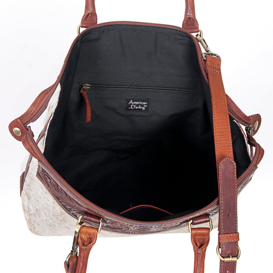 American Darling Tote Bag Hand Tooled Floral Carved Hair-On Cowhide Genuine Vegetable Tanned Leather 14in X 14in X 6in