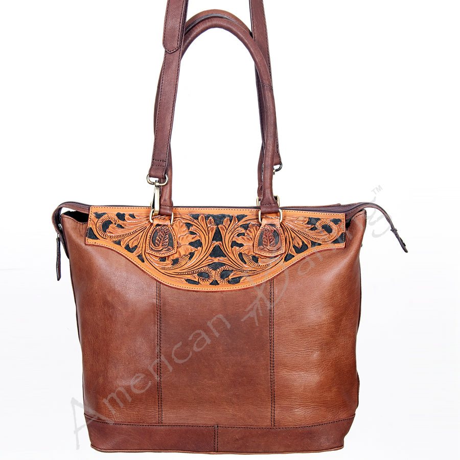 American Darling Tote Bag Hand Tooled Floral Carved Hair-On Cowhide Genuine Vegetable Tanned Leather 14in X 14in X 6in