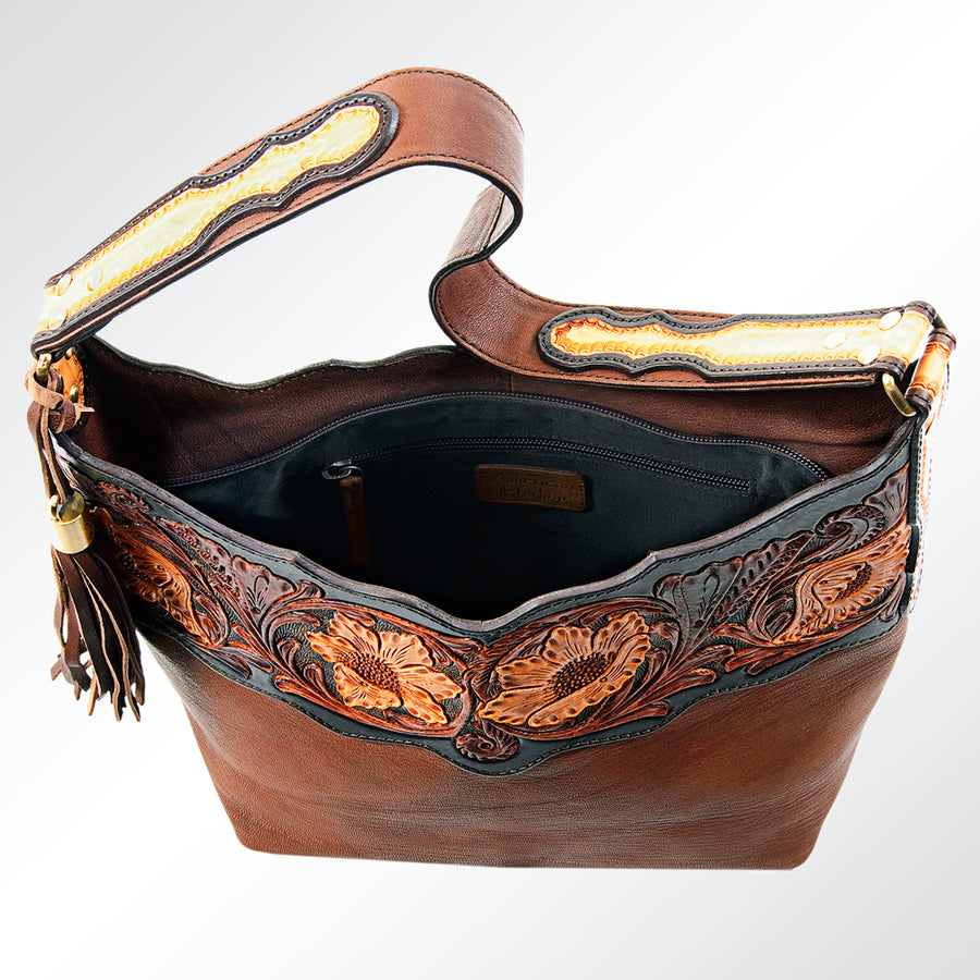 American Darling Hobo Bag Hand Tooled Floral Carved Genuine Vegetable Tanned Leather with Tassels 9in X 14in X 4in