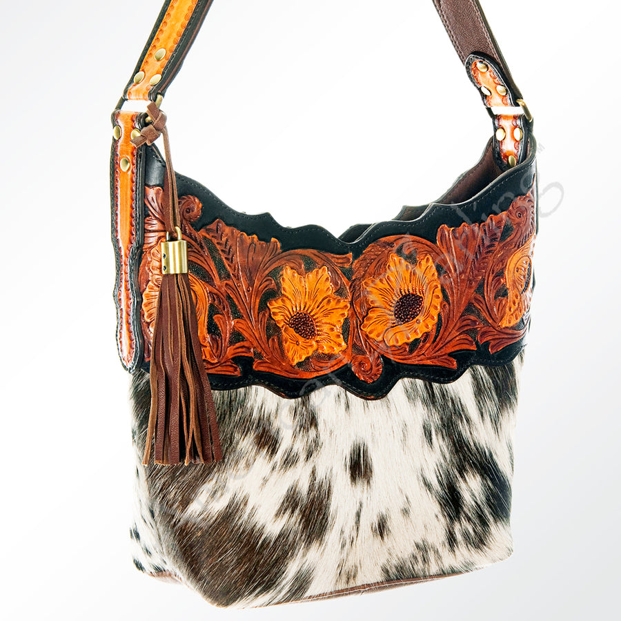 American Darling Hand Tooled Floral Leather Hobo Bag with Hair-On Cowhide and Tassels - Uhorse