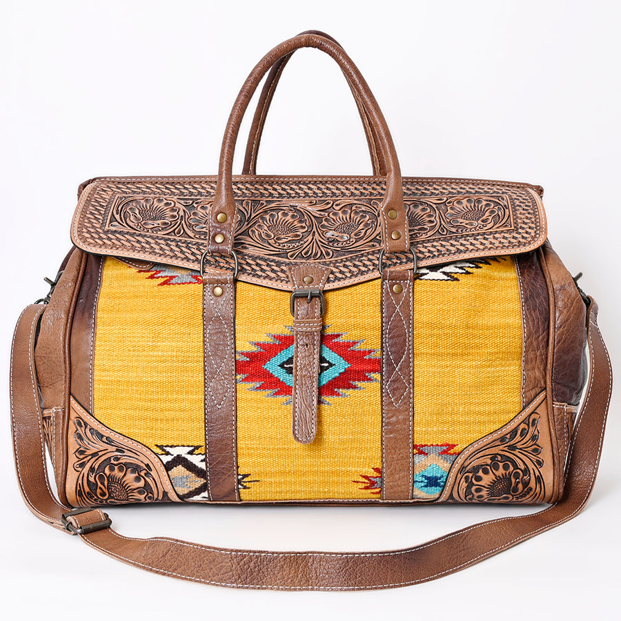 American Darling Duffel Bag Hand Tooled Floral Carved Hair-On Cowhide Genuine Vegetable Tanned Leather Travel Bag YKK Zipper