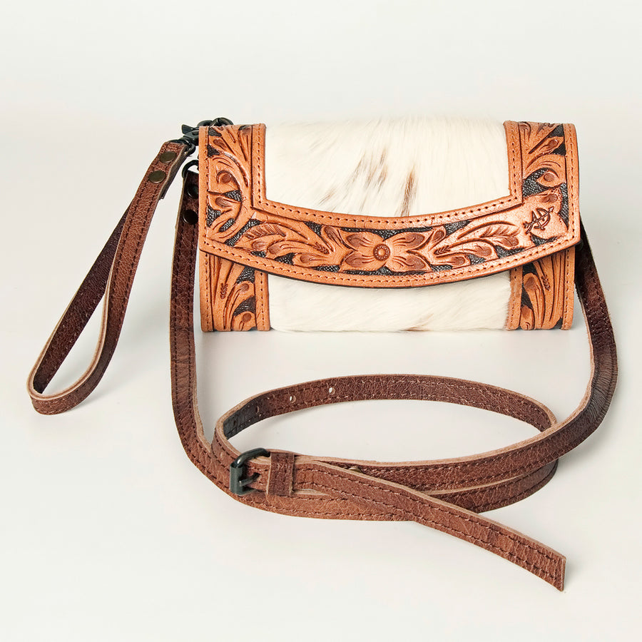 American Darling Wallet Bag Hand Tooled Genuine Vegetable Tanned Leather Hair-On Cowhide Crossbody Purse with YKK Zipper