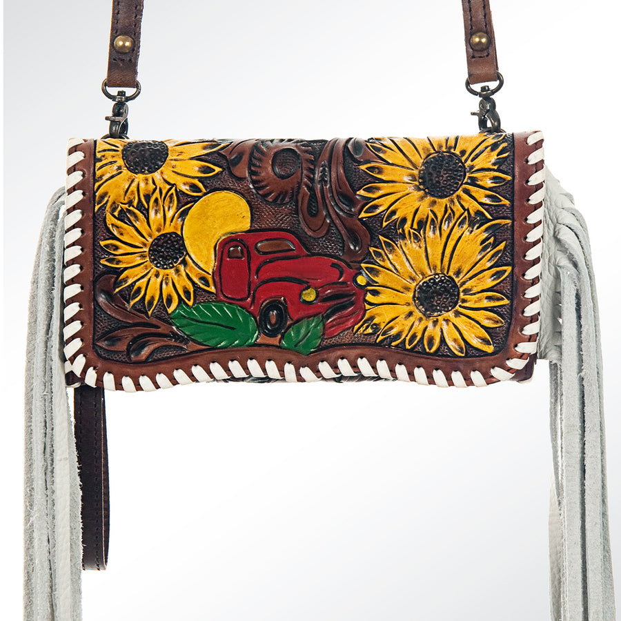 American Darling Organiser Bag Hand Tooled Floral Carved Vegetable Tanned Leather Purse Fringes with YKK Zipper
