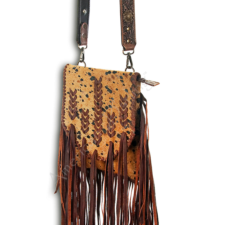 American Darling Cross body Bag Hand Tooled Floral Strap Hair-On Cowhide Leather Purse Fringes with YKK Zipper
