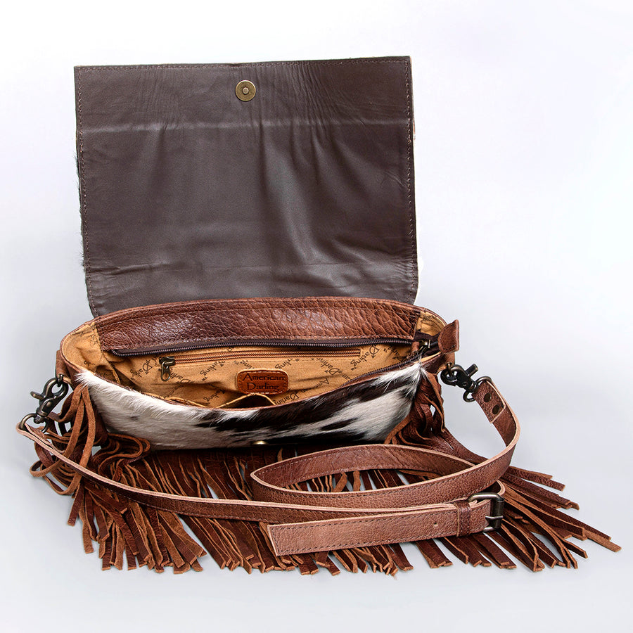 American Darling Small Cross body Bag Hand Tooled Floral Hair-On Cowhide Genuine Leather Fringed Purse with YKK Zipper
