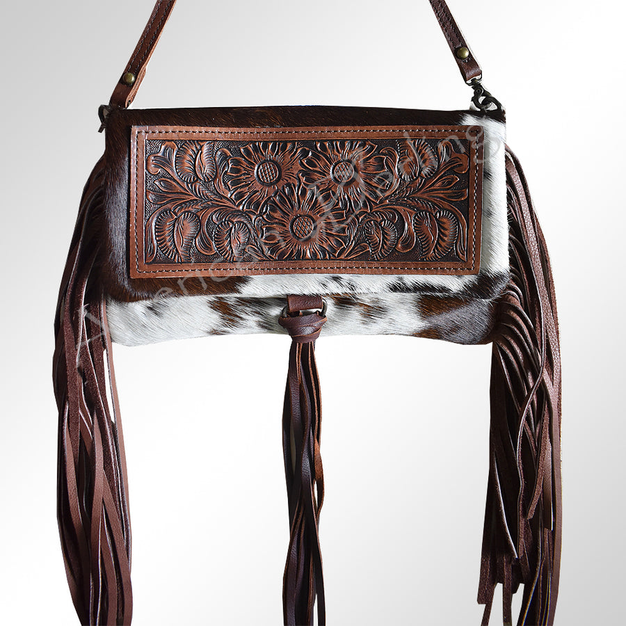 Brown leather shoulder bag with tooled floral panel and cowhair flap - Uhorse