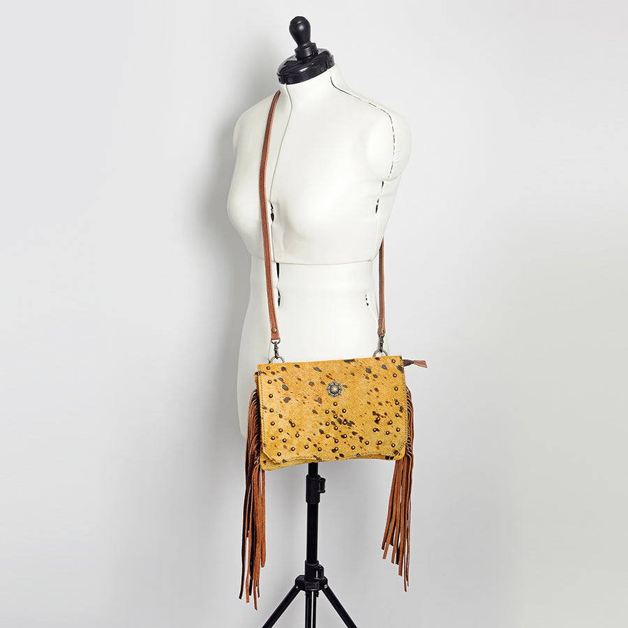 American Darling Small Cross body Bag Rivetted Concho Hair-On Cowhide Genuine Leather Purse Fringes with YKK Zipper